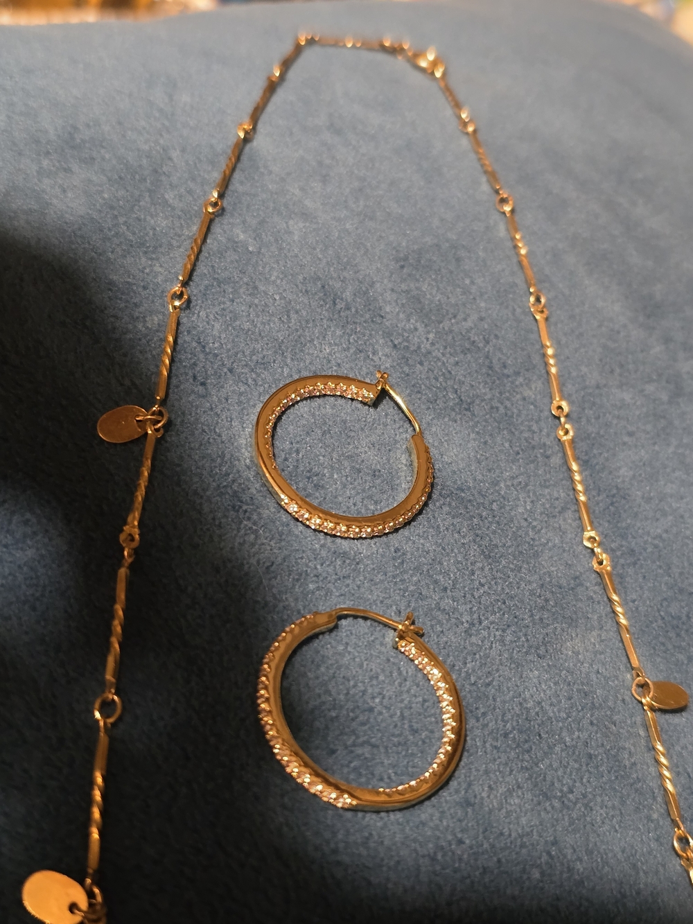 Gold-Tone Pave Crystal Hoop Earrings & Gold Tone Necklace